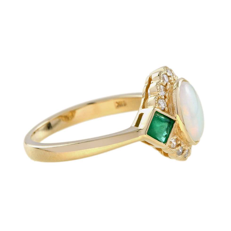 Thumbnail: Antique Inspired 14k Yellow Gold Oval Cabochon Opal Emerald & Diamond Halo Ring