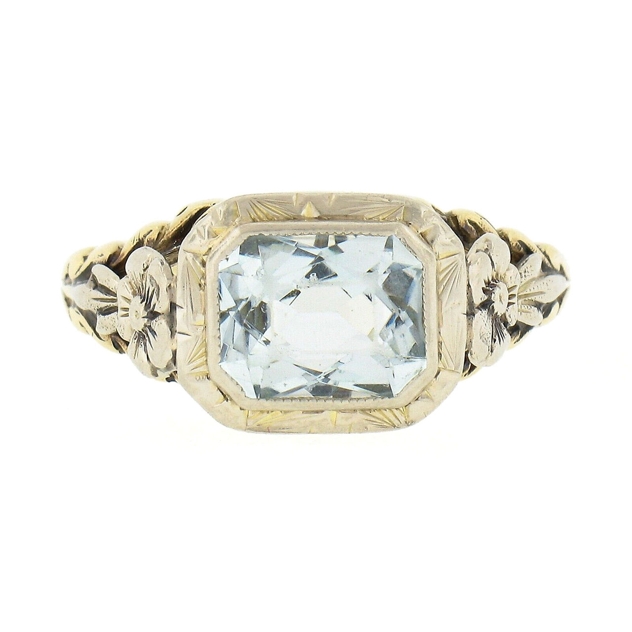 Antique 14k Two Tone Gold 1.40ctw Aquamarine Solitaire w Etched Floral Work Ring