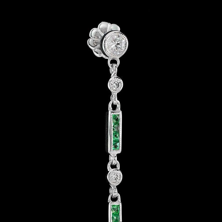 Thumbnail: Art Deco Inspired 14k White Gold 1.69ctw Diamond & Emerald Dangle Drop Earrings