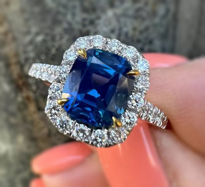 Thumbnail: 14K Two Tone Gold 2.47ctw NO HEAT Blue Sapphire and Diamond Halo Engagement Ring