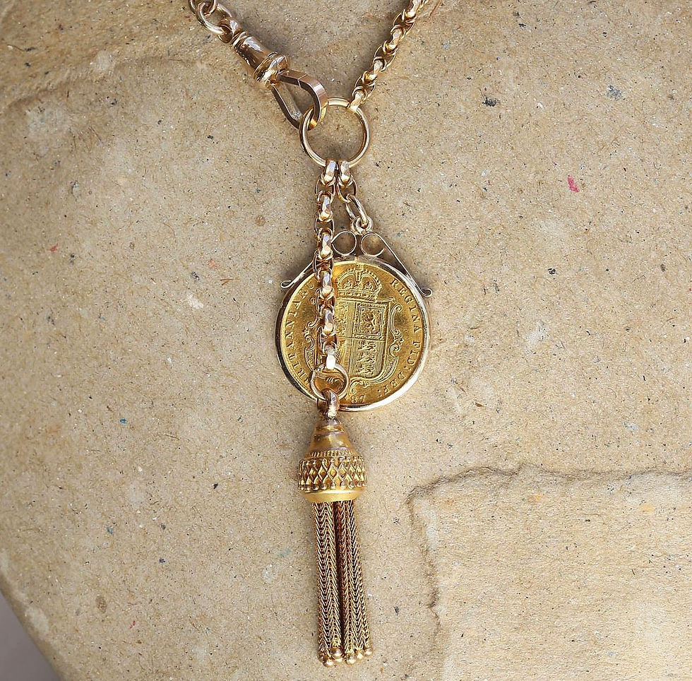 Thumbnail: Vintage 9k and 22k Gold Double Half-sovereign Coin and Tassel Charm Necklace