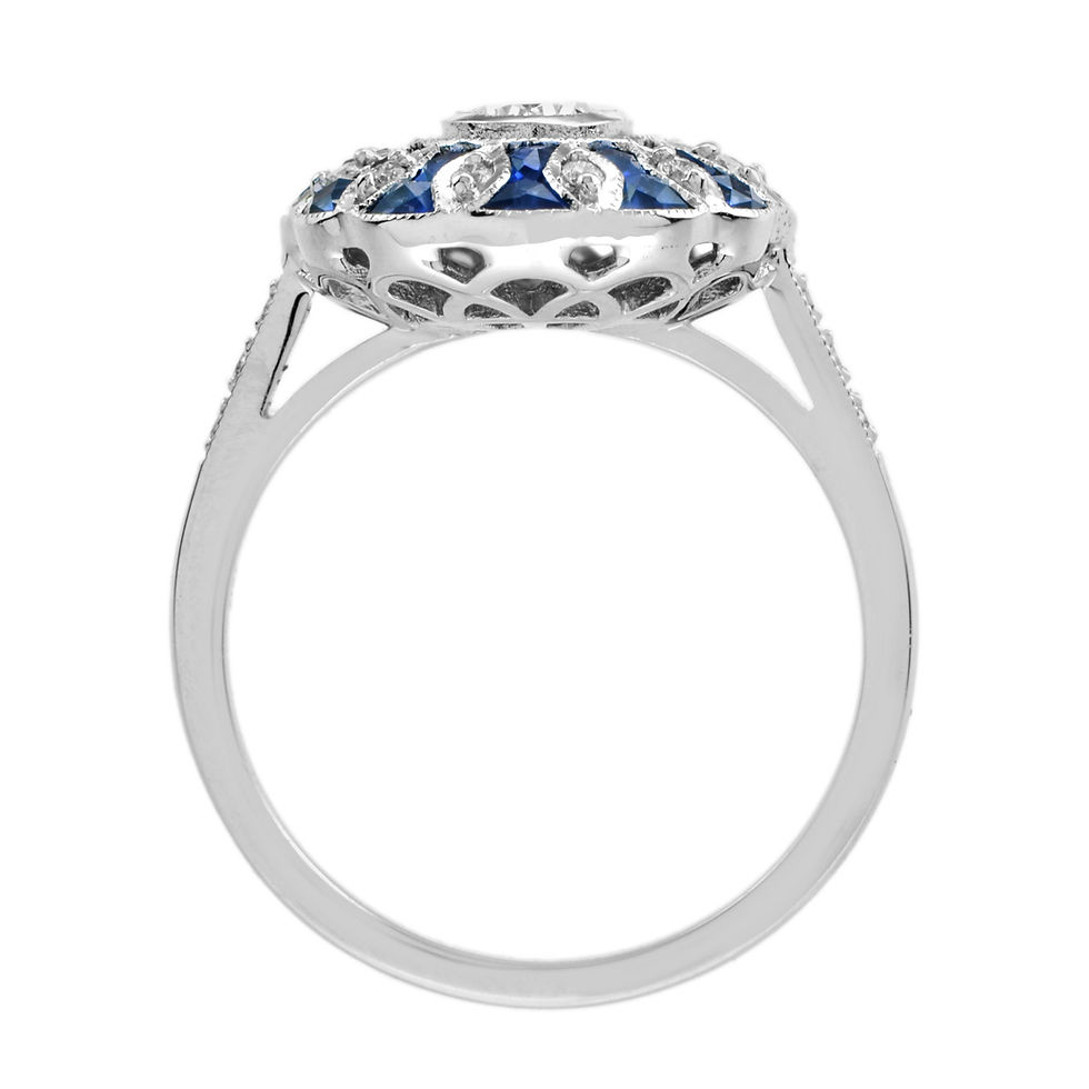 Thumbnail: Art Deco Inspired 18k White Gold 2.09ctw Diamond & Sapphire Oval Flower Ring