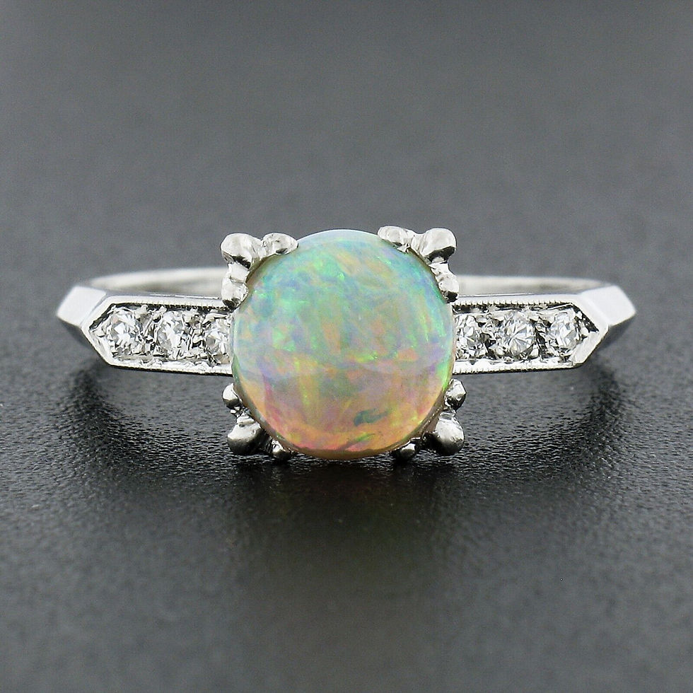Thumbnail: Vintage Platinum 7.6mm Prong Round Cabochon Opal Solitaire Diamond Accents Ring