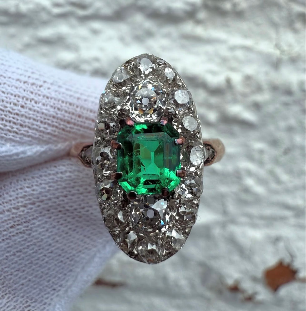 Thumbnail: Antique French 18k Gold Platinum Colombian Emerald Diamond Navette Platter Ring