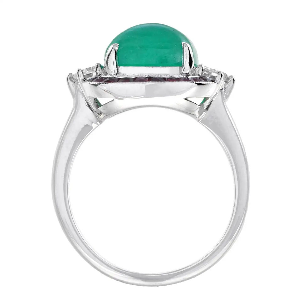Thumbnail: Art Deco Inspired 18k White Gold 6.07ctw Cabochon Emerald, Diamond & Ruby Ring