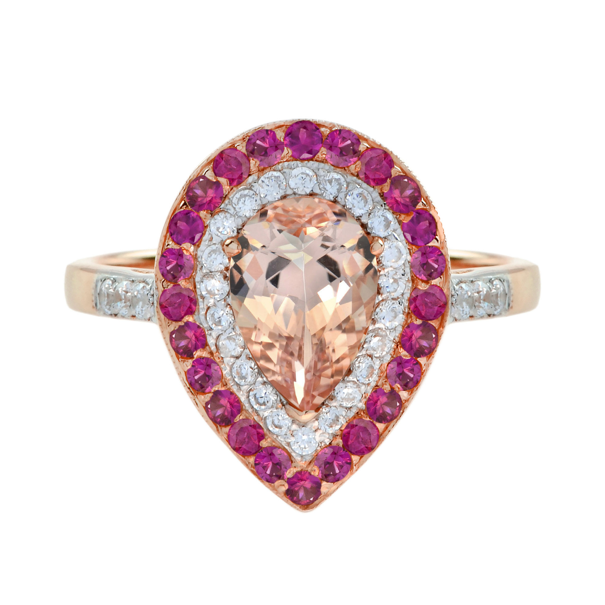 14k Rose Gold 3.27ctw Morganite Ruby Diamond Pear Halo Ring
