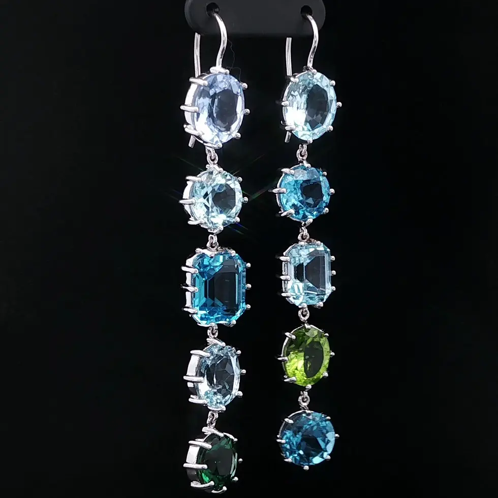 Thumbnail: White Gold Collet Prong Topaz Peridot Tourmaline Long Drop Dangle Earrings