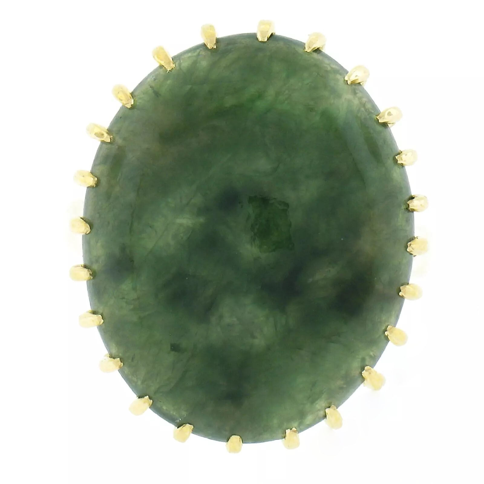 Vintage 14k Gold Oval Cabochon Multi Prong Set Jade Green Stone Solitaire Ring