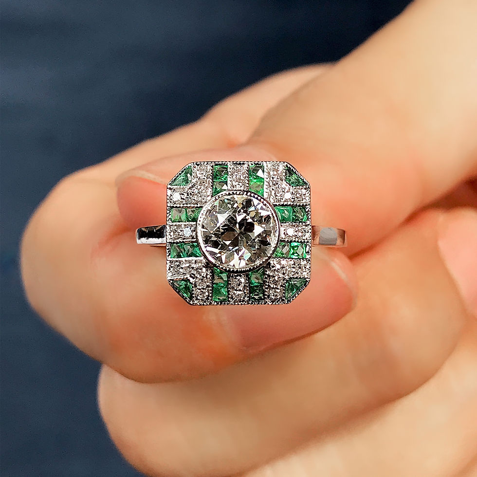 Thumbnail: Art Deco Inspired 18k White Gold 1.57ctw Diamond & Emerald Square Platter Ring