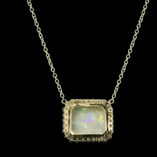 Thumbnail: 14k Yellow Gold 2.15ctw Cushion Opal and Diamond Halo Pendant Chain Necklace