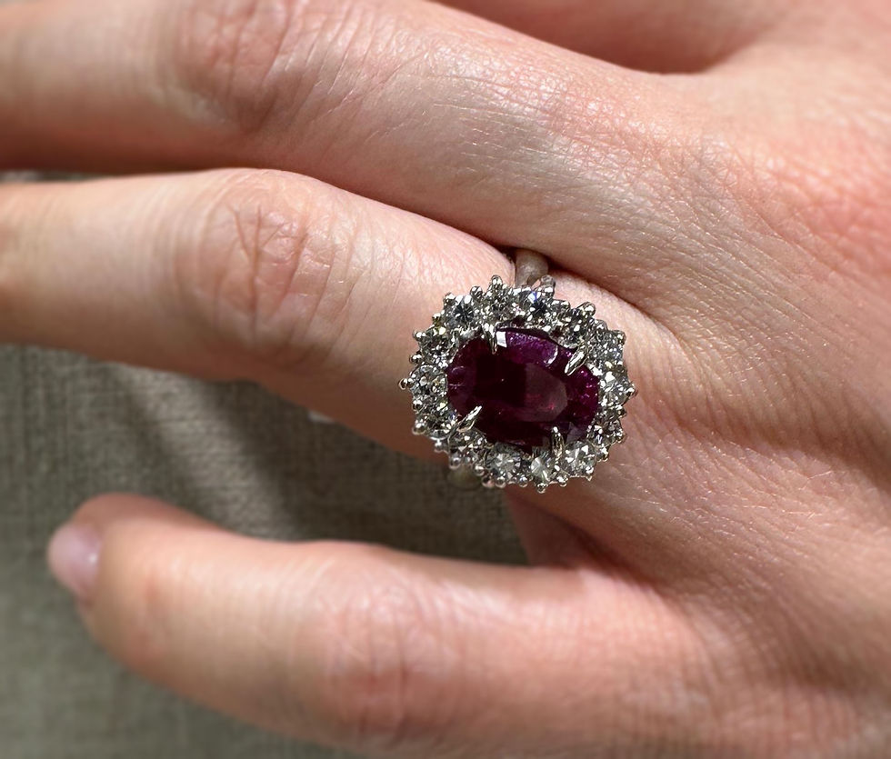 Thumbnail: Vintage 18k Gold 5.31ctw NO HEAT Oval Ruby Diamond Halo Cluster Cocktail Ring
