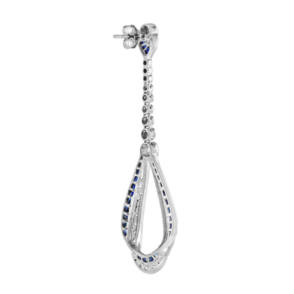 Thumbnail: Art Deco Inspired 5.67ct Diamond & Calibre Sapphire Ribbon Drop Dangle Earrings