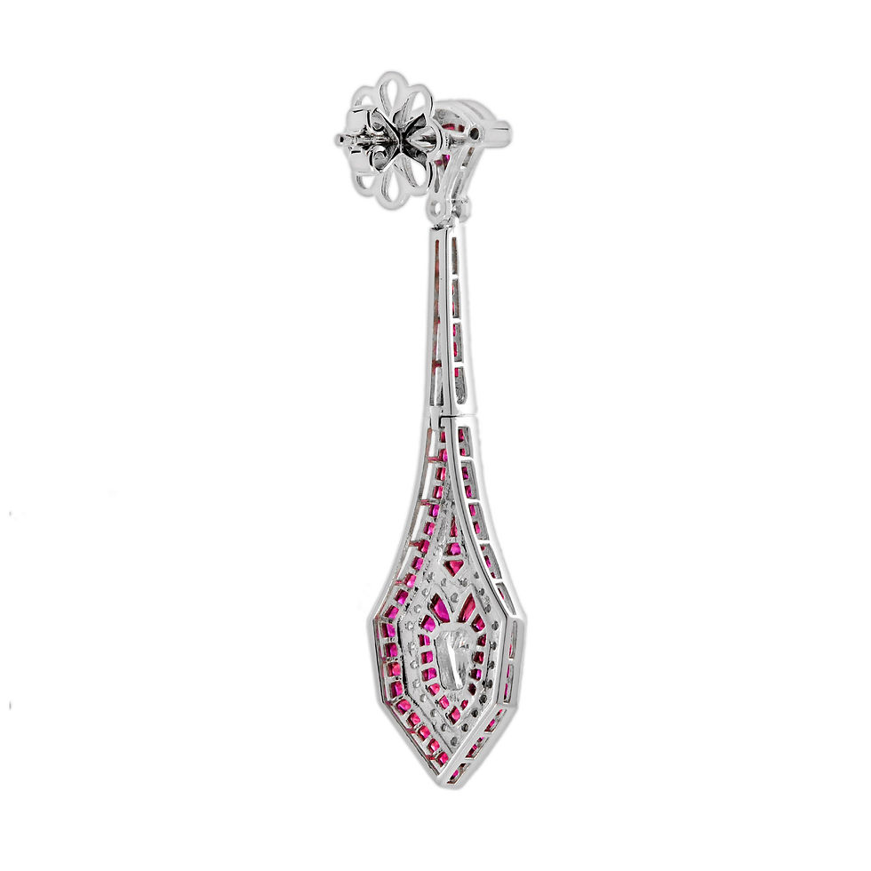 Thumbnail: Art Deco Inspired 18k White Gold 6ctw Calibre Ruby and Diamond Drop Earrings