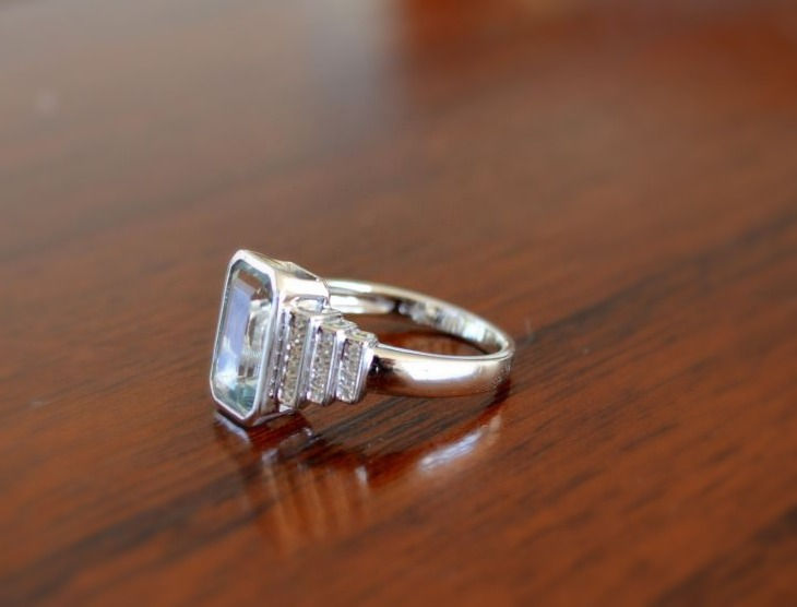 Thumbnail: Art Deco Inspired  11x6mm Emerald Cut Aquamarine and Diamond Ring