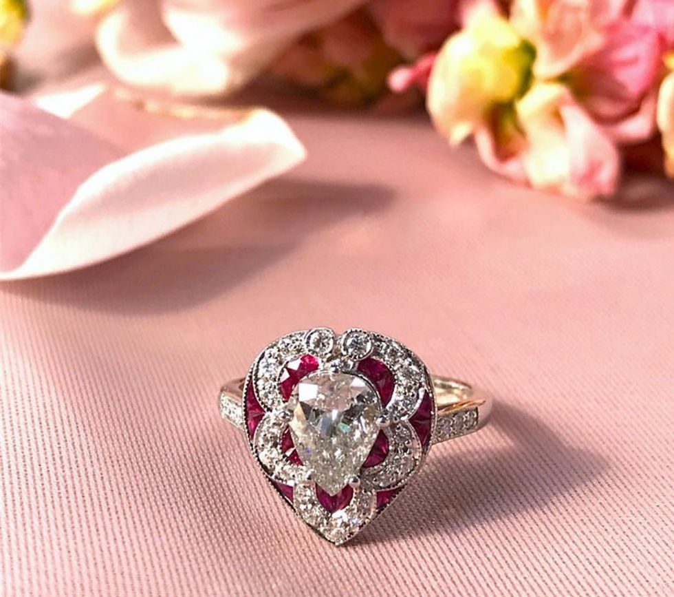Thumbnail: Art Deco Inspired 18k Gold 2.82ctw Pear Cut Diamond & Ruby Heart Shape Ring
