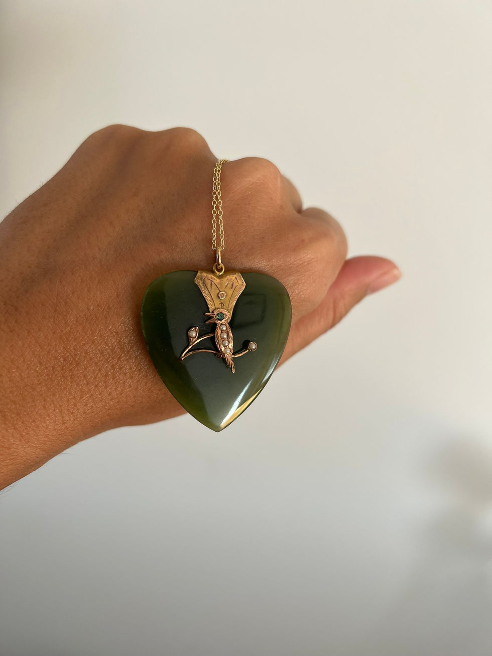 Thumbnail: Antique Heart Carved Jade Greenstone Pendant with bird motif