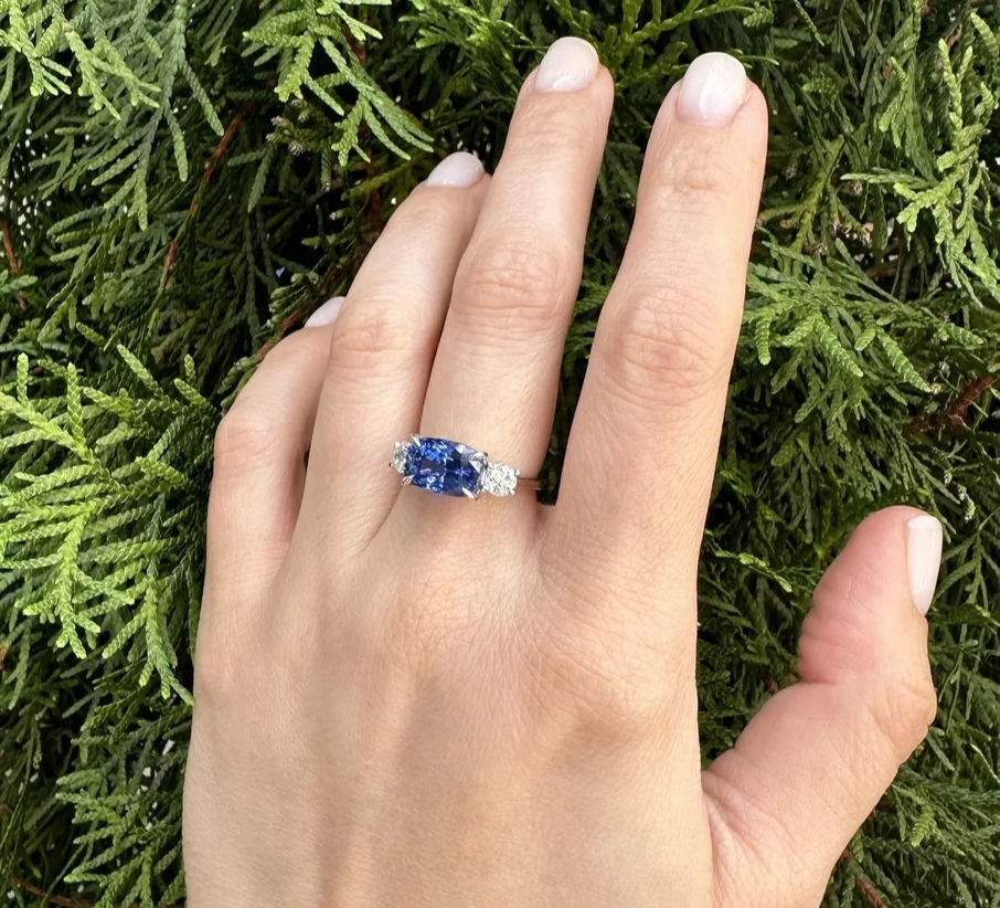 Thumbnail: Platinum 5.89ctw GIA Ceylon Sideways Blue Sapphire and Round Diamond Ring