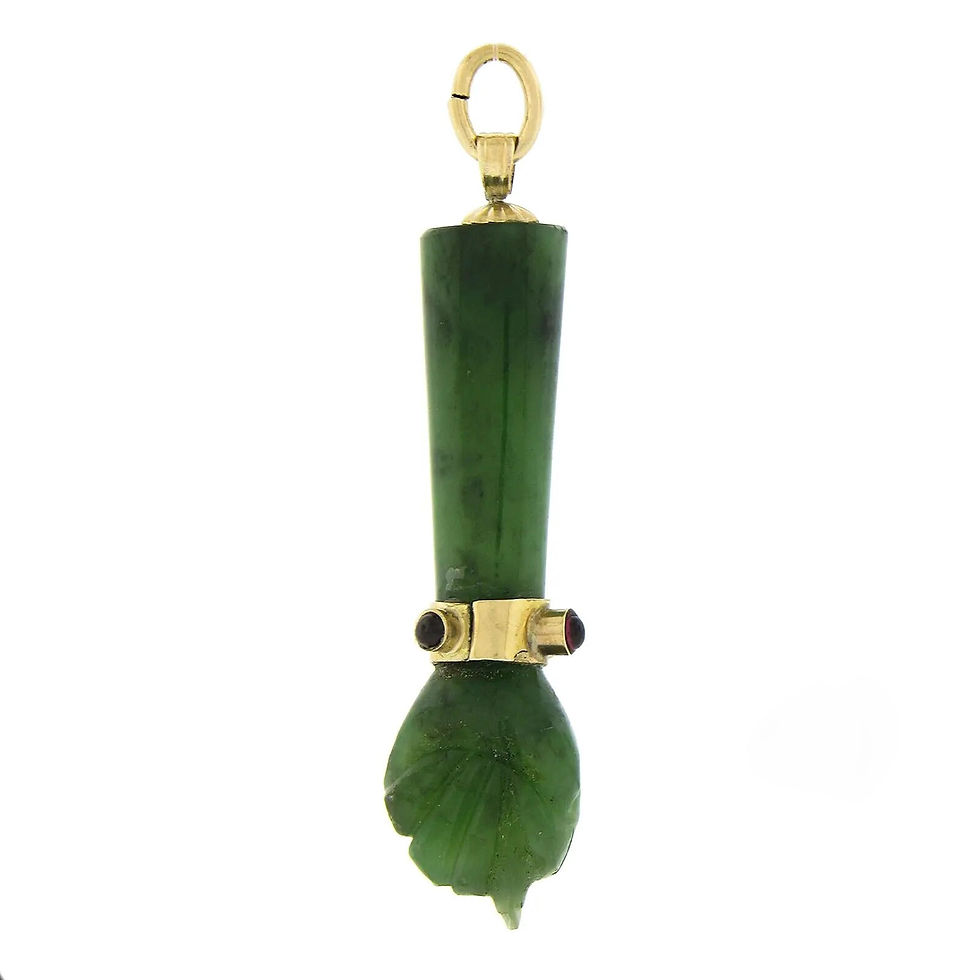 Thumbnail: Vintage 14k Yellow Gold Green Jade Figa Hand Charm Pendant w Red Stones