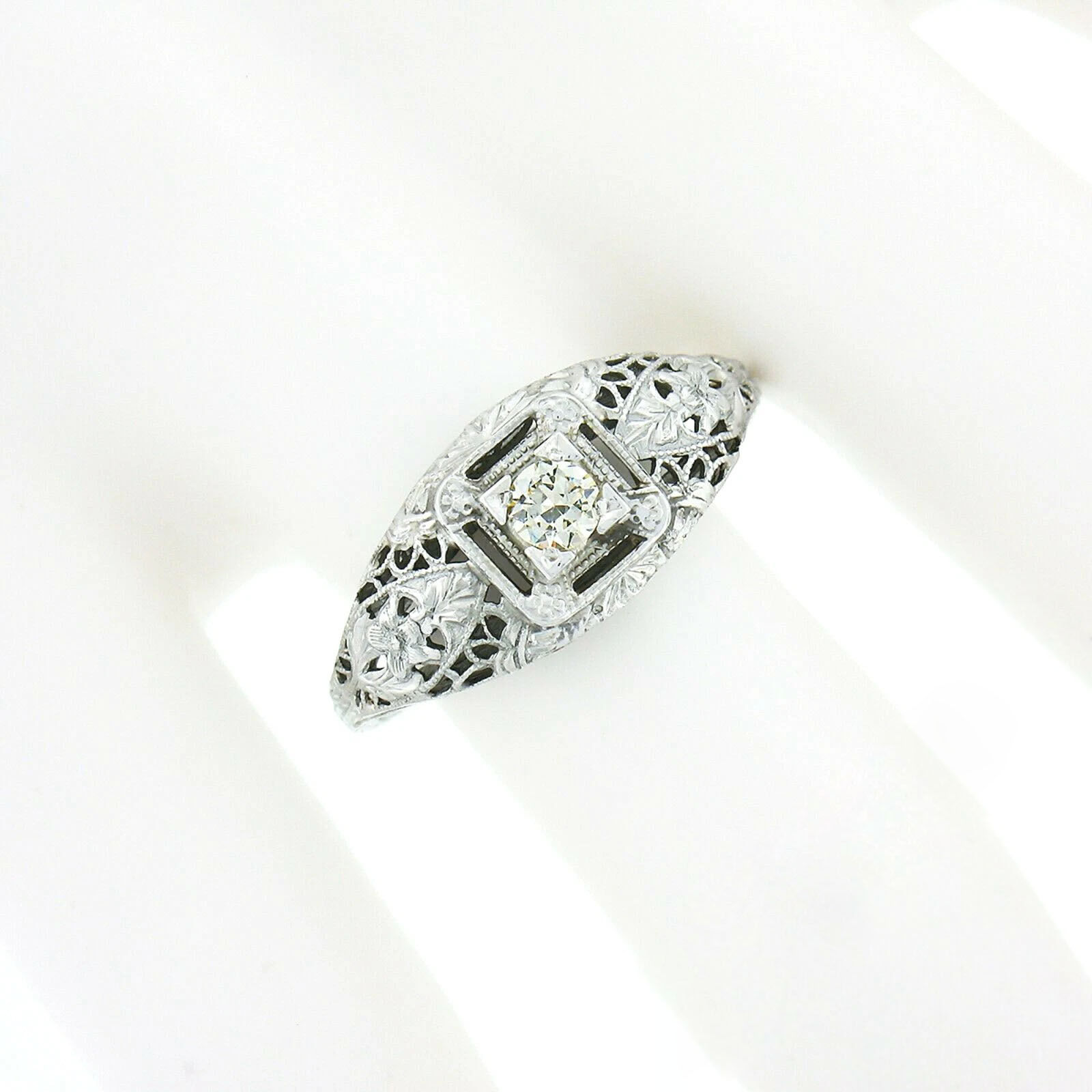Antique Art Deco 18K White Gold Old European Diamond Domed Filigree Work Ring
