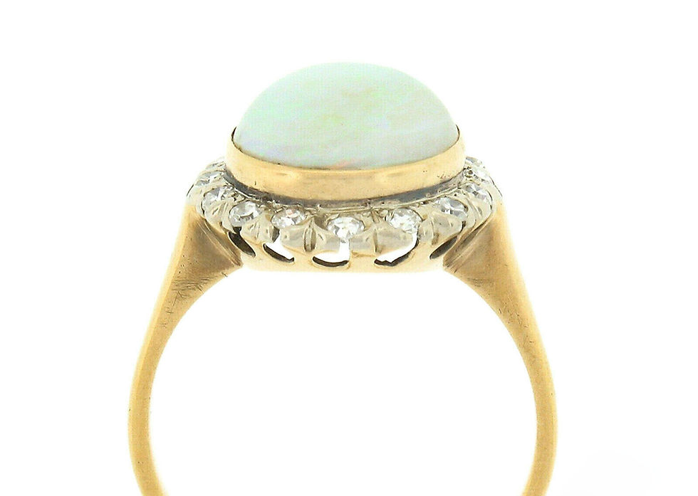 Thumbnail: Art Deco 14K Gold Oval Cabochon Opal Solitaire Old Cut Diamond Halo Cluster Ring