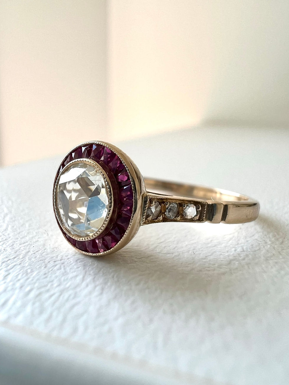 Thumbnail: Art Deco Inspired 18k Yellow Gold Rose Cut Diamond and Calibré  Ruby Target Ring