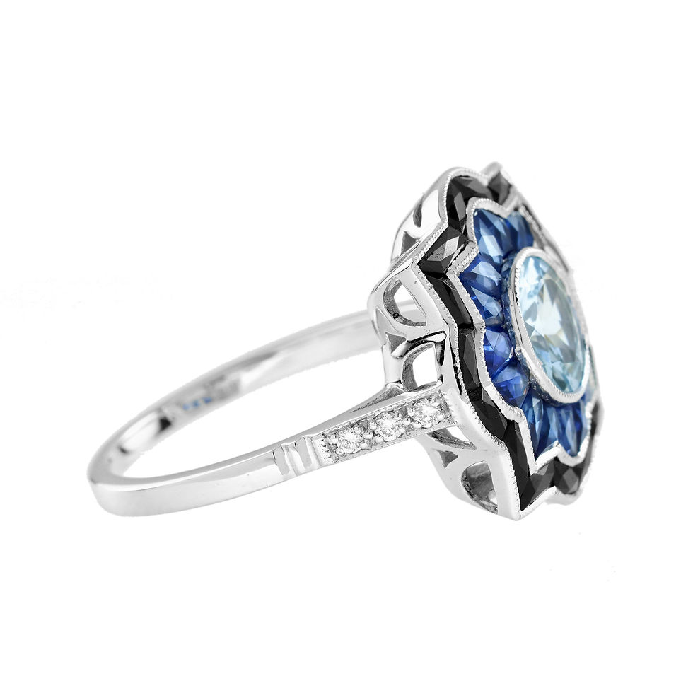 Thumbnail: Art Deco Inspired 18k Gold  Aquamarine Sapphire and Onyx Geometric Halo Ring