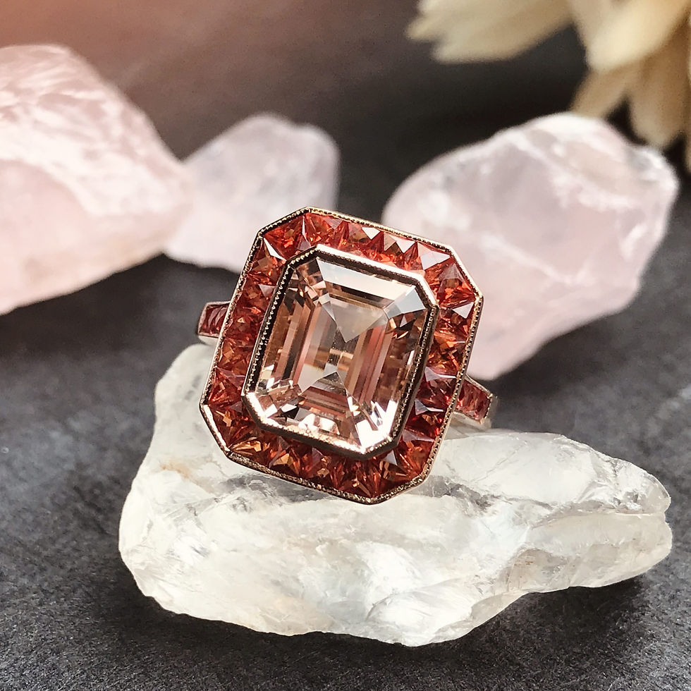Art Deco Style 18k Rose Gold 3.85ctw Morganite & Orange Sapphire Halo Ring