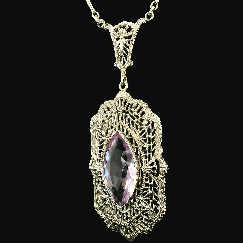 Thumbnail: Antique Art Deco 10k Gold  Amethyst Filigree Pendant Necklace