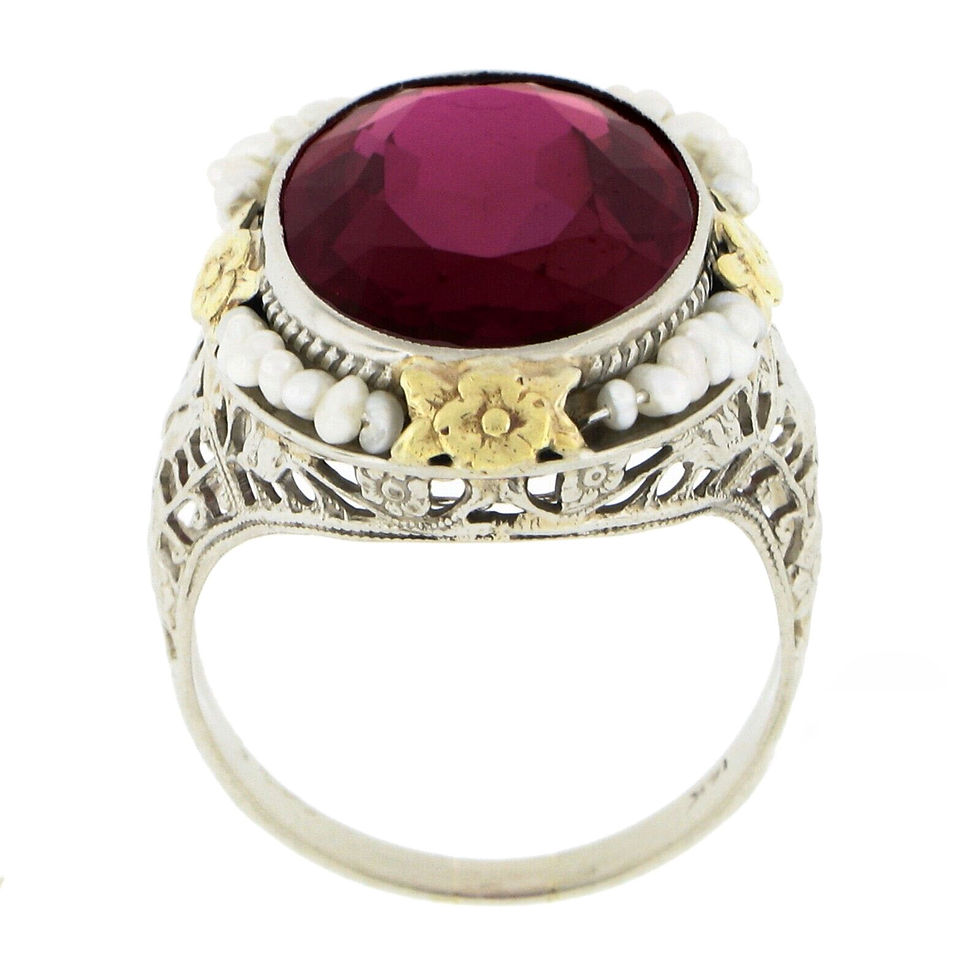 Thumbnail: Antique Art Deco 14k Gold Oval Synthetic Ruby and Seed Pearl Filigree Ring