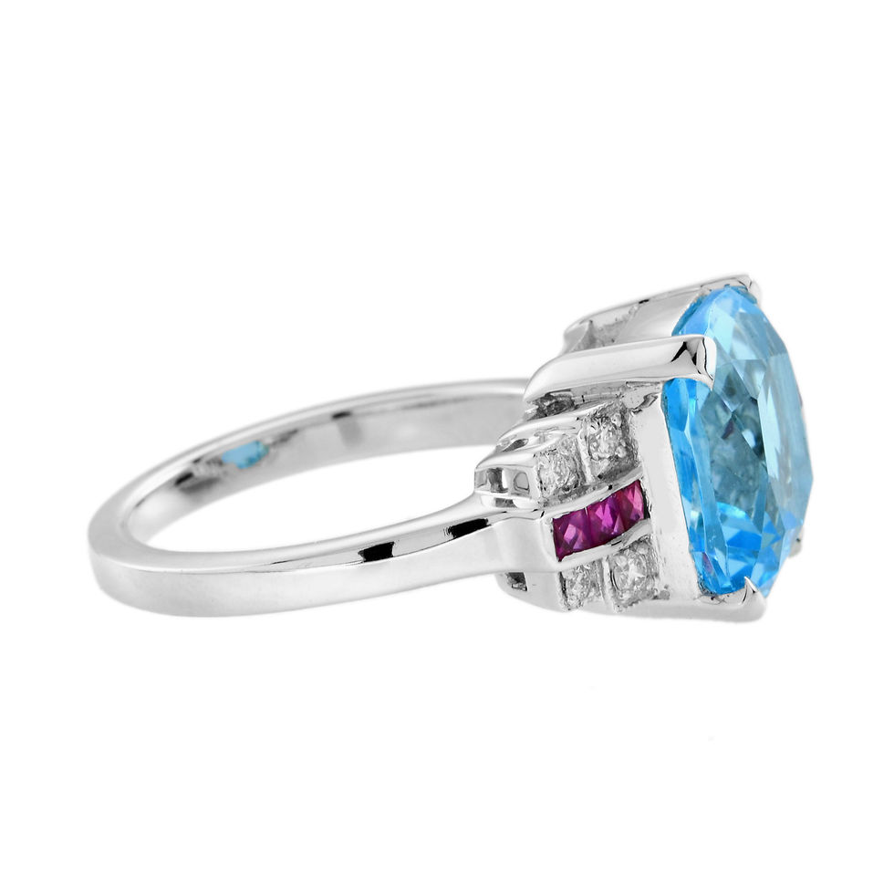Thumbnail: Art Deco Inspired 14k White Gold 7.61ctw Cushion Cut Topaz, Ruby & Diamond Ring