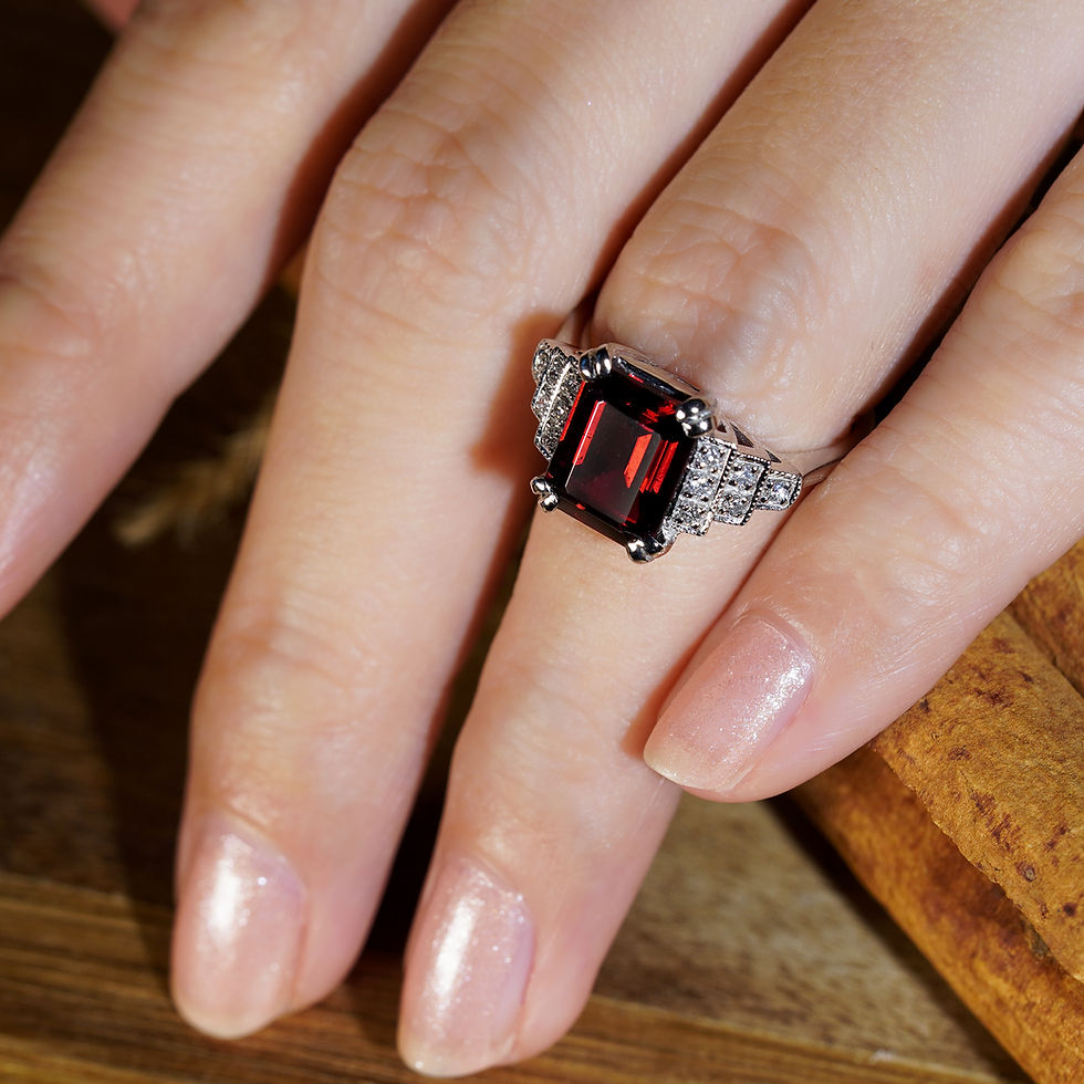 Thumbnail: Art Deco Inspired 9k Gold 4.22ctw Rhodolite Garnet and Diamond Stepped Ring