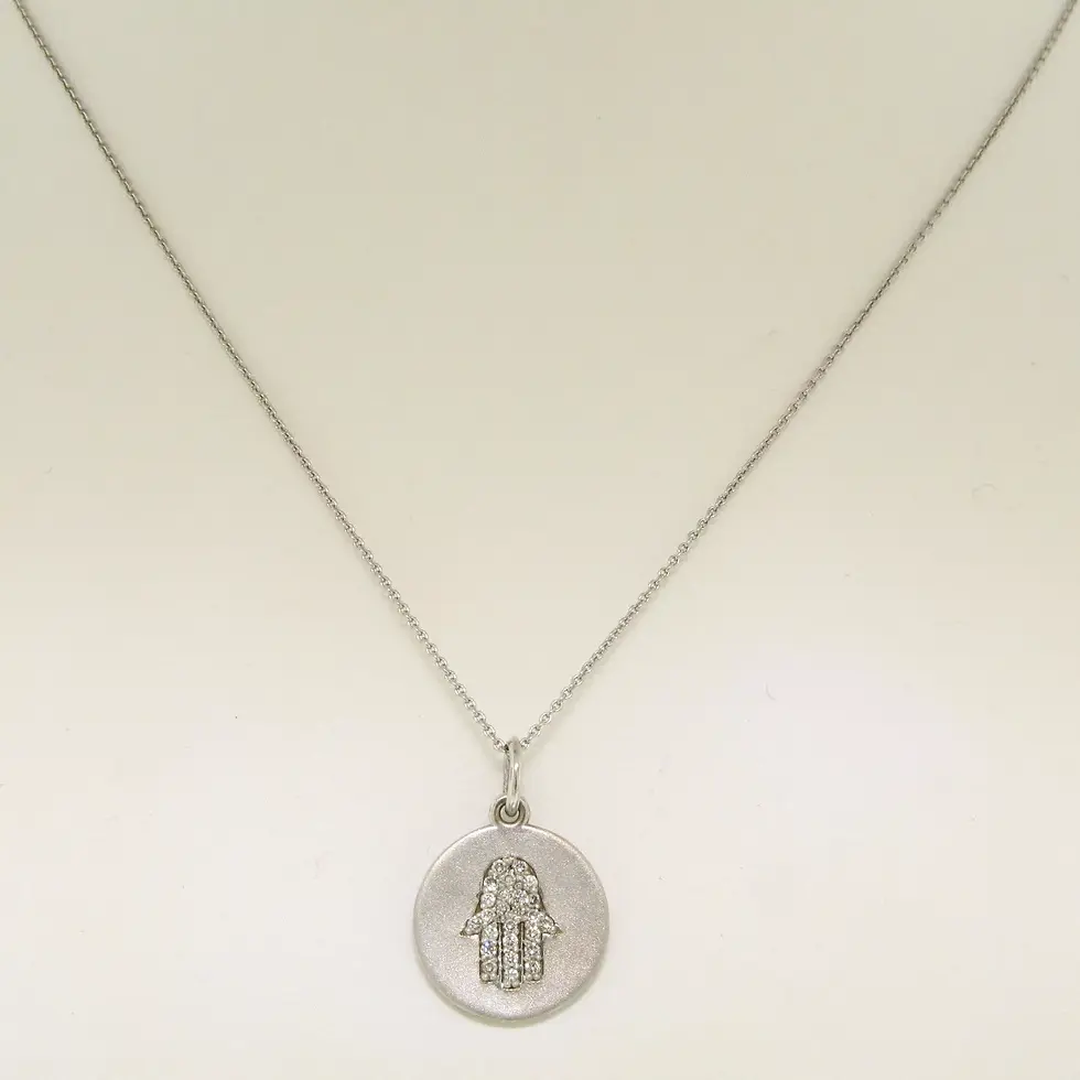 14K White Gold  0.18ctw Diamond Hand of Fatima Hamsa Hand Disk Pendant Necklace