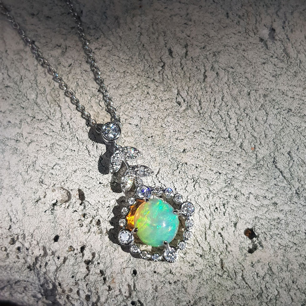 Thumbnail: Edwardian Inspired 1.95ctw Round Cabochon Opal and Diamond Halo Floral Necklace