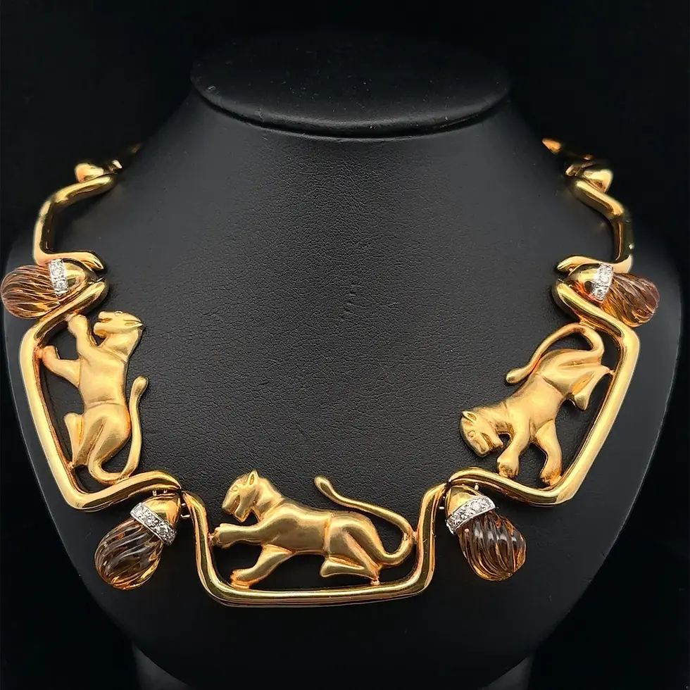 18k Yellow Gold Carved Citrine and Diamond Panther Statement Necklace