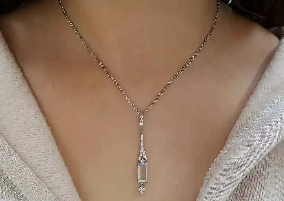 Thumbnail: Antique Inspired 18k  Gold Emerald Cut Aquamarine and Diamond Dangle Necklace