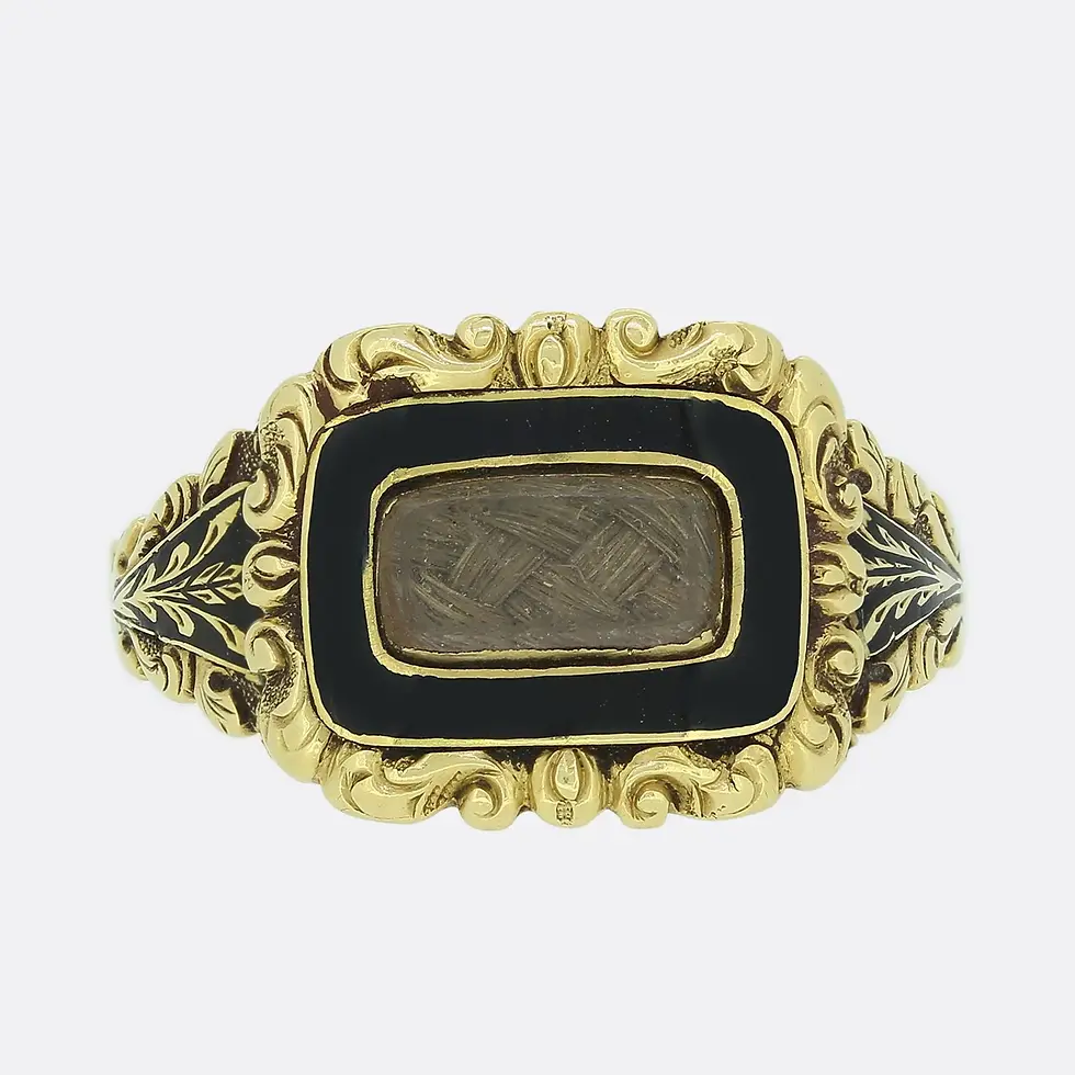 Antique Victorian 18k Yellow Gold Black Enamel Mourning Hair Ring