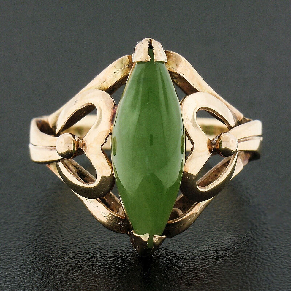 Thumbnail: Vintage Handmade 14K Gold Marquise Jade Greenstone Open Heart Design Ring