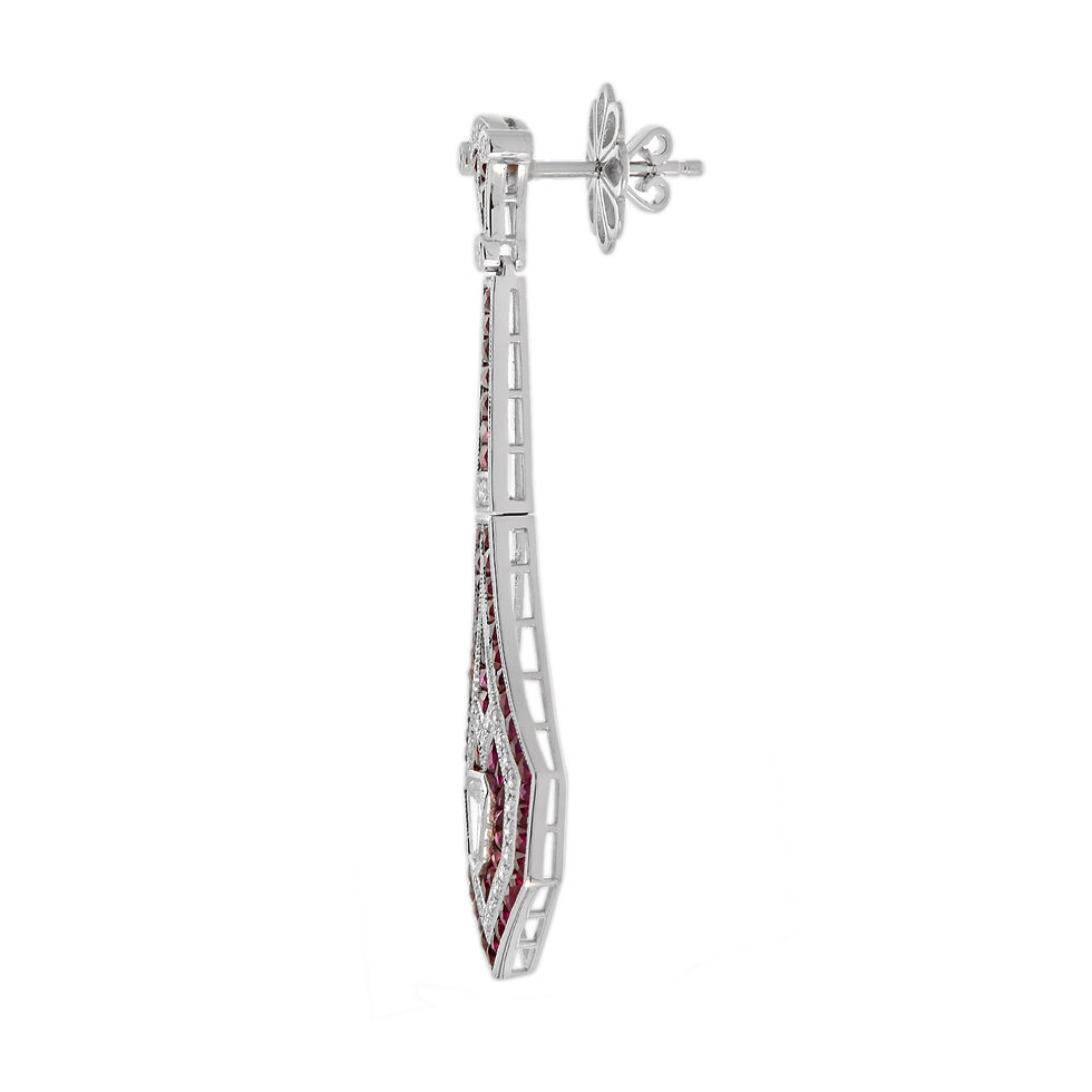 Thumbnail: Art Deco Inspired 18k White Gold 6ctw Calibre Ruby and Diamond Drop Earrings