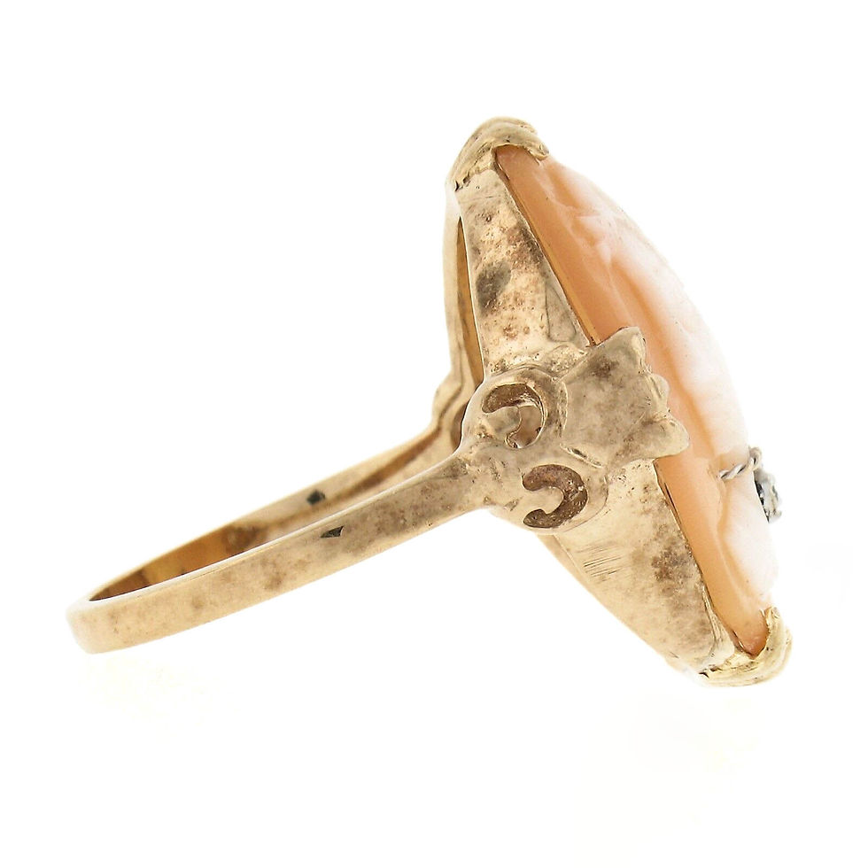 Thumbnail: Vintage 10K Rosy Yellow Gold Oval Carved Shell Cameo Diamond Ring