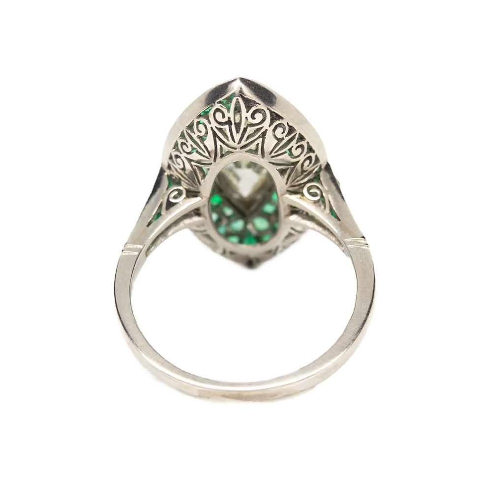 Thumbnail: Art Deco Inspired Platinum 7.63ctw Marquise Cut Diamond and Emerald Navette Ring