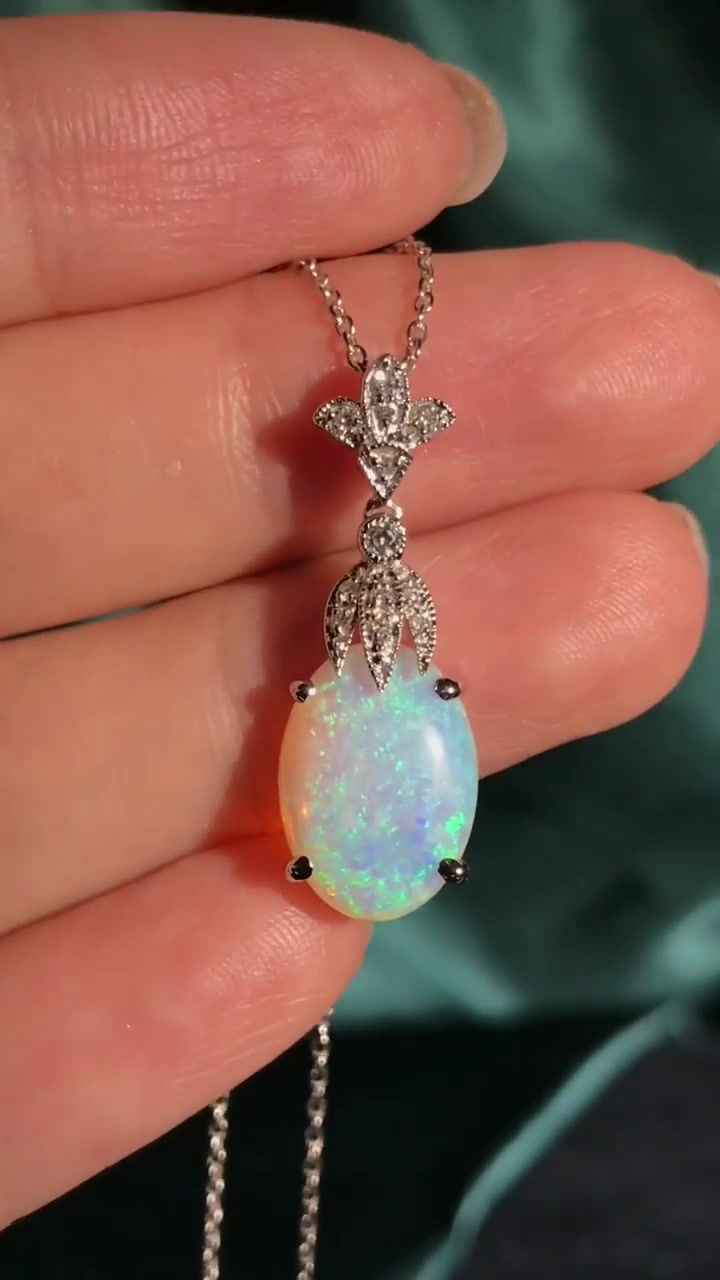 Thumbnail: Art Deco Inspired  3.76ctw Oval Cabochon Opal and Diamond Drop Pendant Necklace
