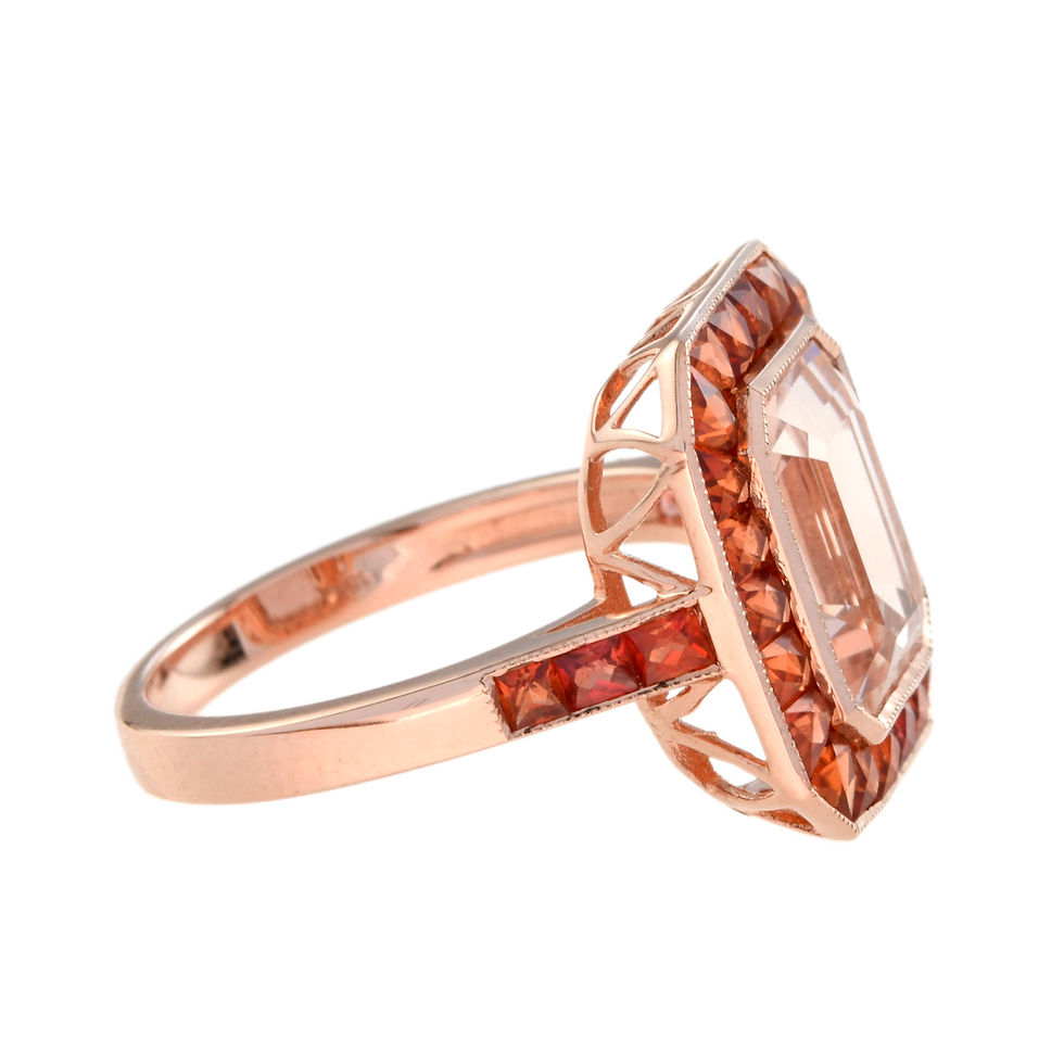 Thumbnail: Art Deco Style 18k Rose Gold 3.85ctw Morganite & Orange Sapphire Halo Ring