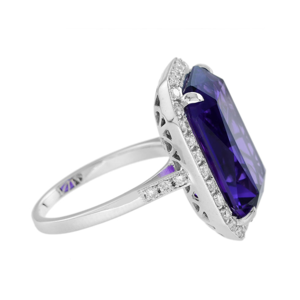 Thumbnail: Art Deco Inspired 14k White Gold 12.29ctw Large Amethyst & Diamond Halo Ring