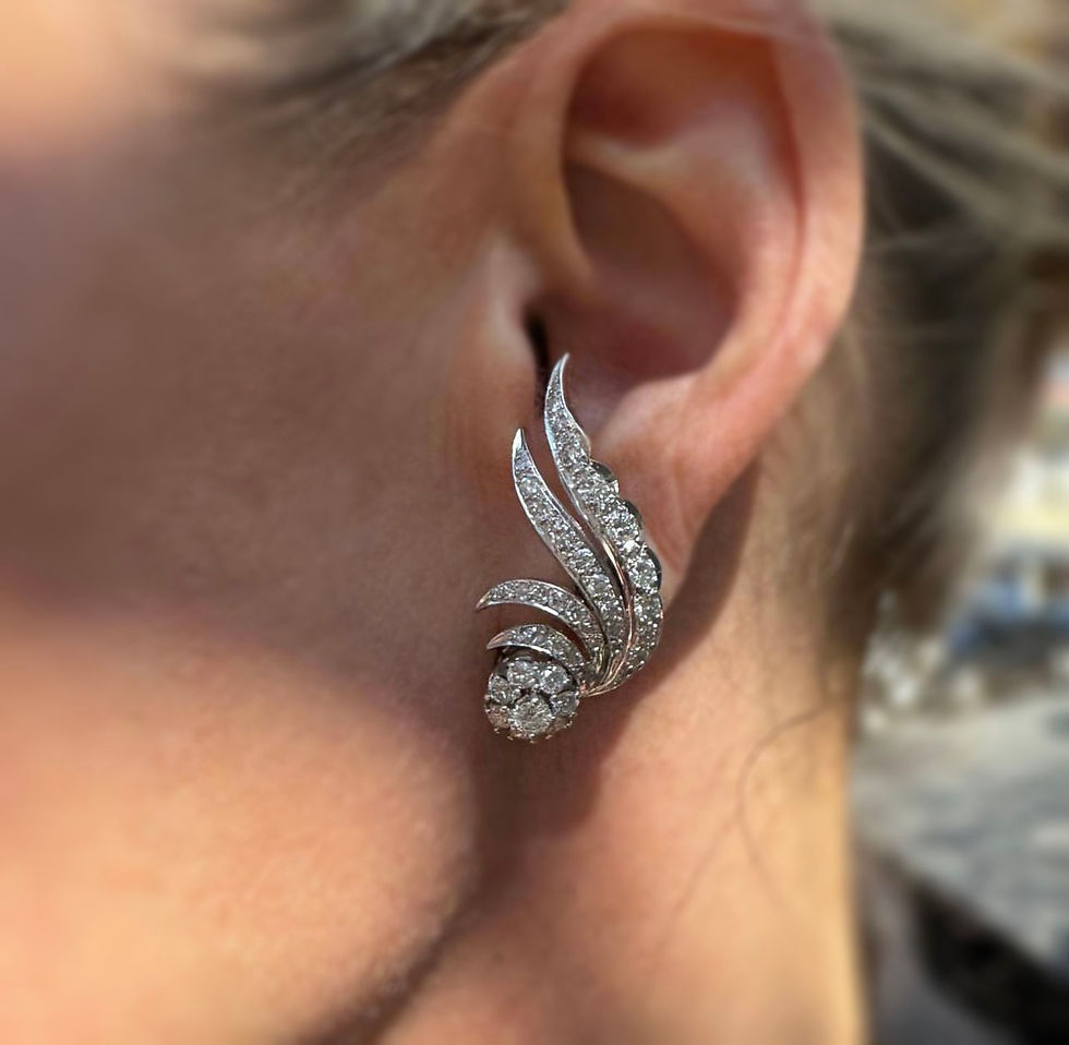 Thumbnail: Vintage 14k White Gold 2.9ct Diamond Flames Scalloped Climber Statement Earrings