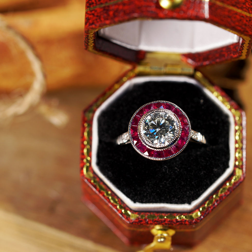 Thumbnail: Art Deco Inspired 1.77ctw Diamond and Ruby Halo Target Engagement Ring