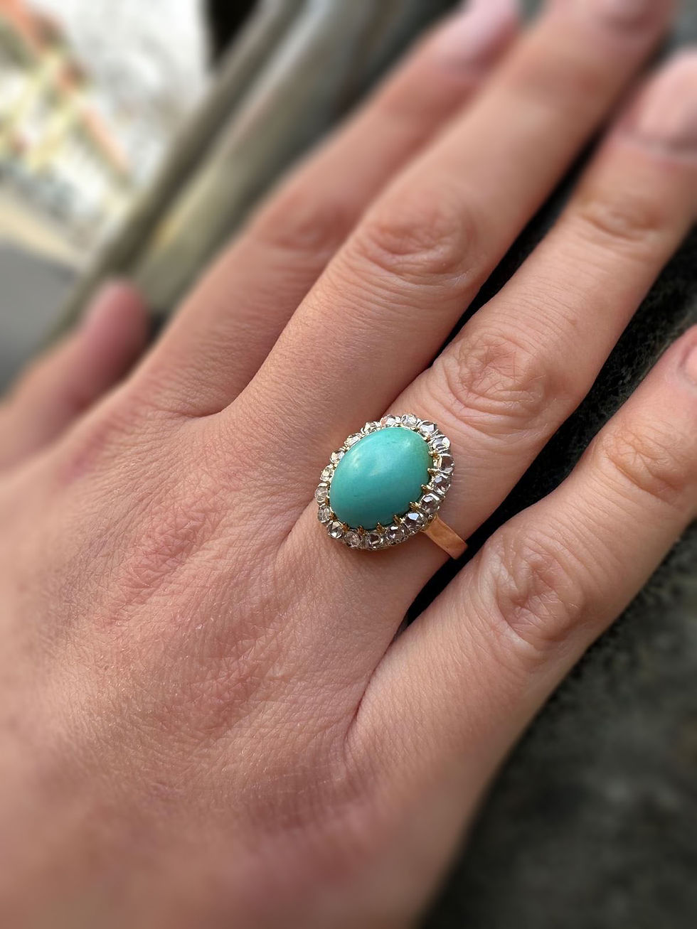 Thumbnail: Antique 18k Rosy Gold Platinum Oval Cabochon Persian Turquoise Diamond Halo Ring