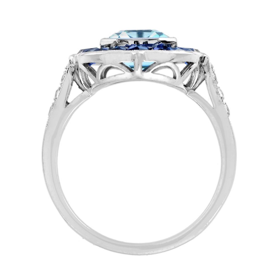 Thumbnail: Art Deco Inspired 18k Gold 6.47ctw Blue Topaz & Sapphire Shield Halo Ring