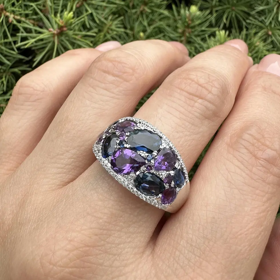 18k White Gold 3.34ctw Amethyst Sapphire Diamond Wide Mosaic Design Band Ring