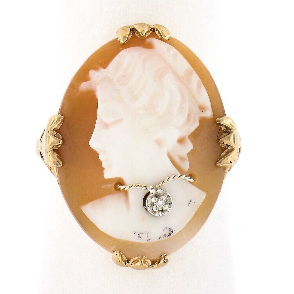 Thumbnail: Vintage 10K Rosy Yellow Gold Oval Carved Shell Cameo Diamond Ring