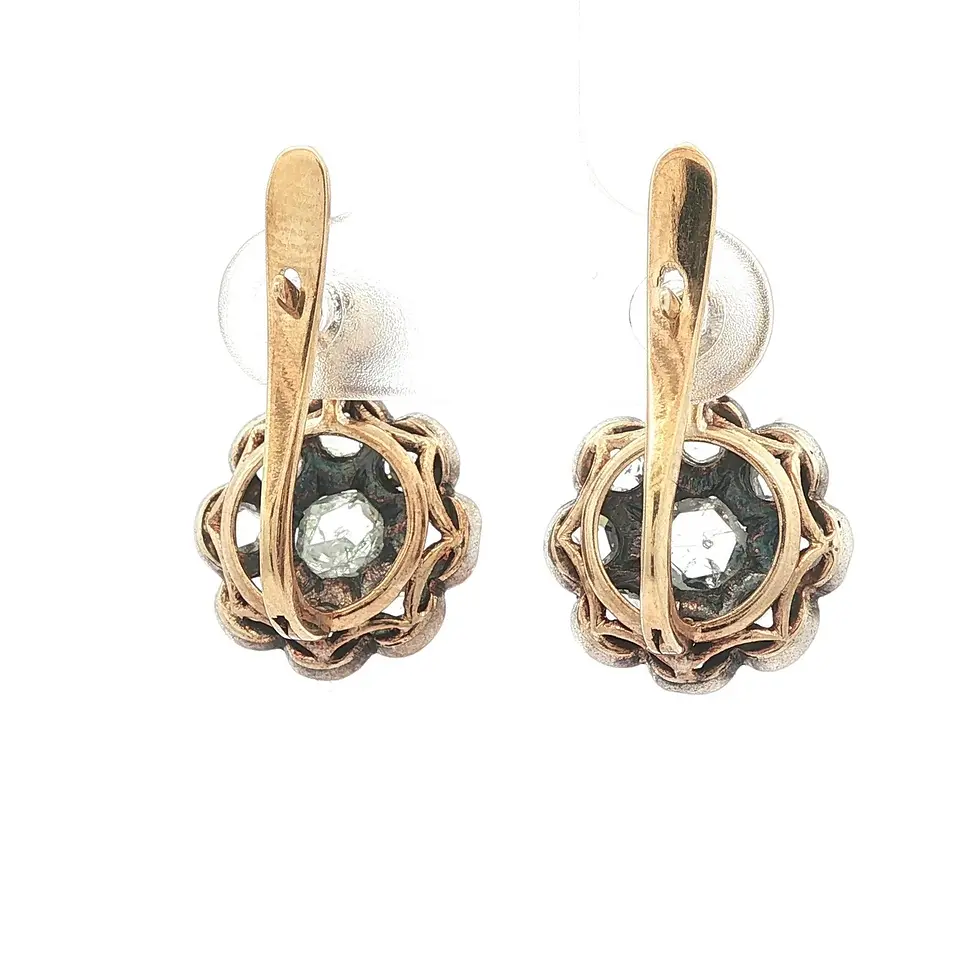 Thumbnail: Antique Solid Gold and Silver Top Pave Rose Cut Diamond Drop Cluster Earrings